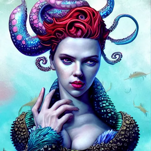 Image similar to lofi underwater mermaid biopunk bioshock portrait of scarlett johansson, octopus, Pixar style, by Tristan Eaton Stanley Artgerm and Tom Bagshaw.