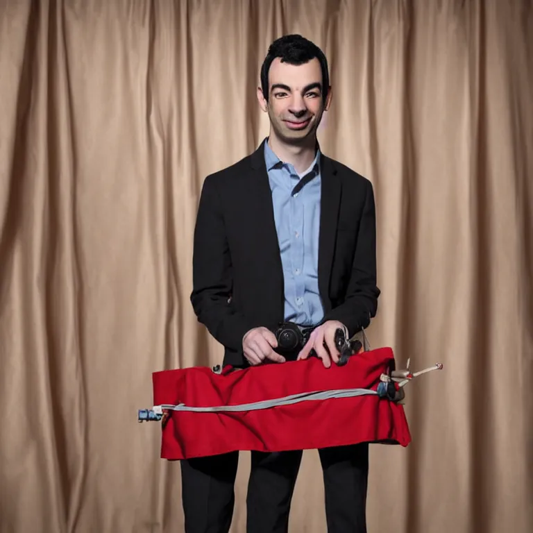 Image similar to dslr photograph of nathan fielder from nathan for you on comedy central behind a puppet stage with a red curtain as multiple marionette puppets controlled by hands holding the strings, high detail!!! 8 k photorealism sharp focus volumetric lighting, coherent!!! art directed, rule of thirds