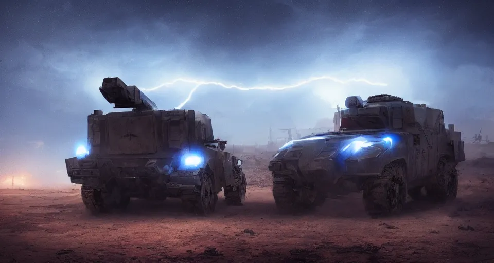 Prompt: an image of an armored vehicle in the night desert with blue headlights on by Paul Chadeisson, atmospherical, concept art, high detail, intimidating , cinematic, lightning , heavy storm , Artstation trending, octane render