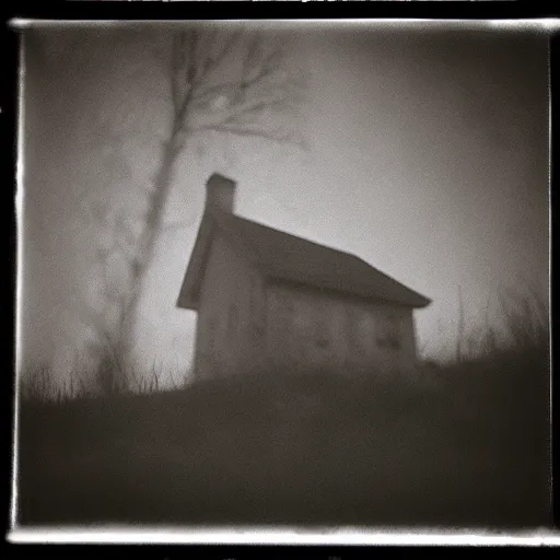 Prompt: house in the wood by William Blake, night, pinhole analogue photo quality, monochrome, blur, unfocus, cinematic, 35mm