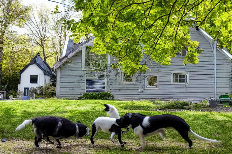 Image similar to the sour, dour, angry, gray - haired lady across the street is walking her three small white and black dogs. she shuffles around, looking down. highly detailed. green house in background. large norway maple tree in foreground. view through windows.