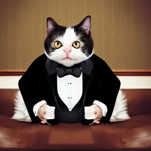 Image similar to a very fat and judgmental cat wearing a full tuxedo, smoking a cigar, sitting in a dimly lit parlor lounge, photograph!