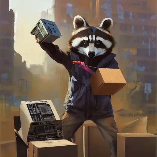 Image similar to greg manchess painting of a trash panda character, holding a box of cables and standing next to old electronic equiptment, medium shot, asymmetrical, profile picture, organic painting, sunny day, matte painting, bold shapes, hard edges, street art, trending on artstation, by huang guangjian and gil elvgren and sachin teng