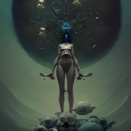 Image similar to shackled in the void, by hr beeple and cgsociety. stunning goddess of speed charlie bowater and tom bagshaw, insanely detailed, artstation, space art. atoms surrounded by skulls and spirits deep under the sea, horror, sci - fi, surrealist painting, by peter mohrbacher