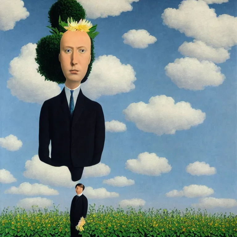 Image similar to portrait of a faceless beautiful flower - head man in a suit, clouds in the background, by rene magritte, detailed painting, distance, middle centered, hd, hq, high resolution, high detail, 4 k, 8 k