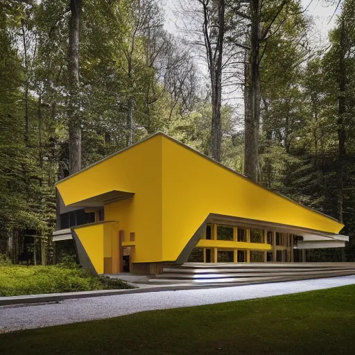 Prompt: architecture ad for a mid-century modern house in the middle of the wood designed by zaha hadid. grain, cinematic, colorized, yellow hue.