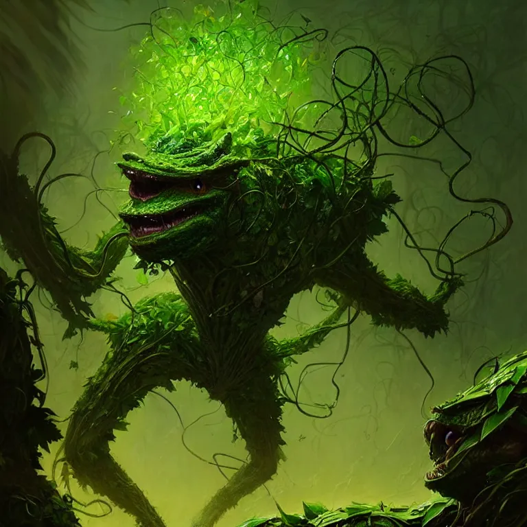 Image similar to a green creature made of leaves and vines bursting out of the ground ready to attack; detailed, best on artstation, raymond swanland, magic the gathering, epic, stunning, masterpiece