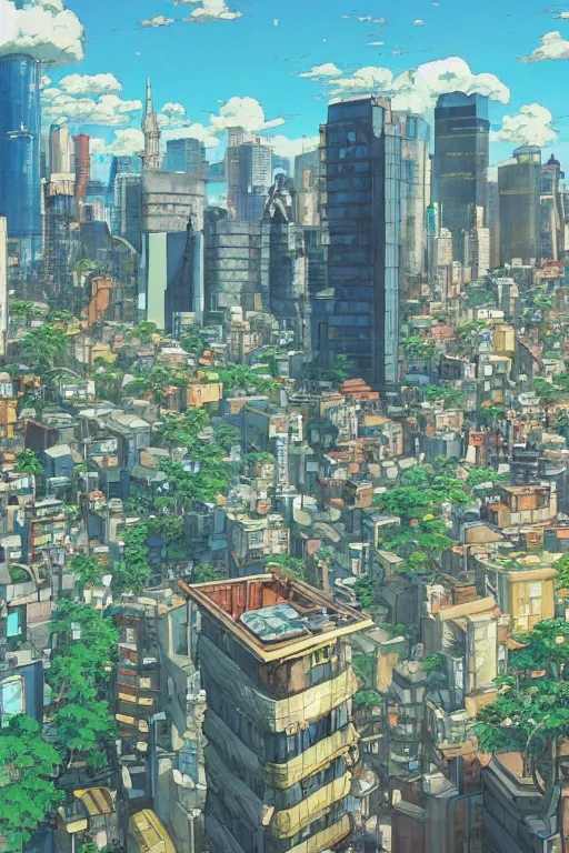 Prompt: city skyline, Details, illustration , in the style of Studio ghibli, tekkon kinkreet, akira, breath of the wild, myazaki, anime, clean render, denoise, rule of thirds