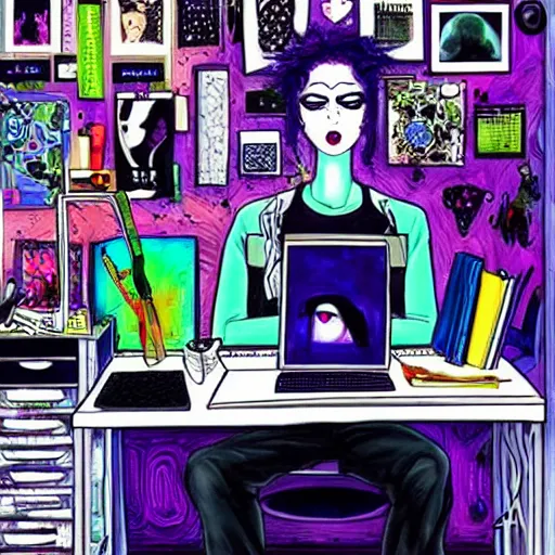 Image similar to goth guy sitting at computer in cluttered room, by harumi hironaka, aesthetic!!!,