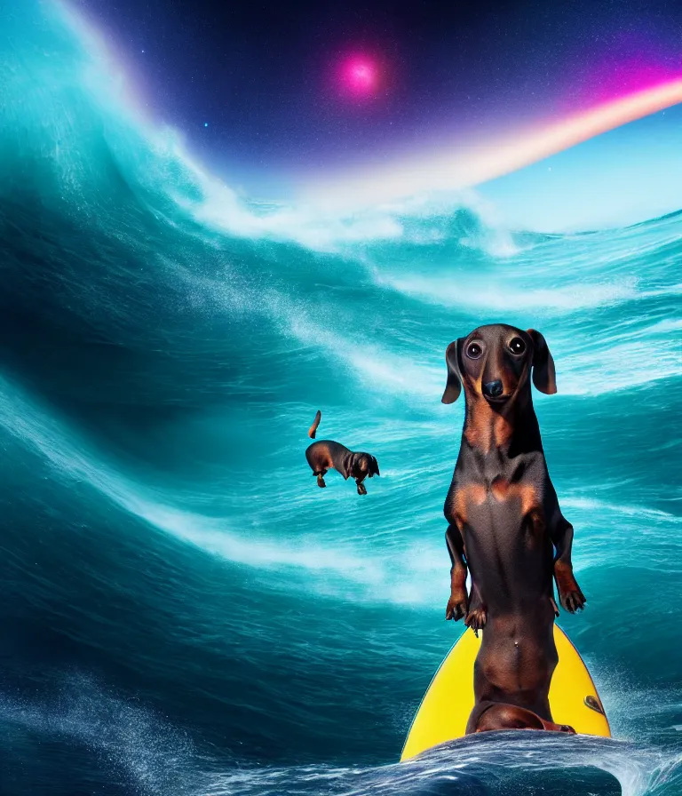 Image similar to black coat wiener dog surfing a surfboard on a crashing l wave of alien ocean in space, background is an alien galaxy, aliens in the background, alien colors, octane render, unreal engine, wide view, 8 k, high detaild