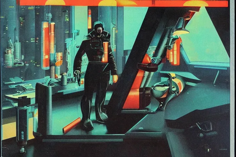 Prompt: 1979 OMNI Magazine Cover of a dental technician. in cyberpunk style by Vincent Di Fate