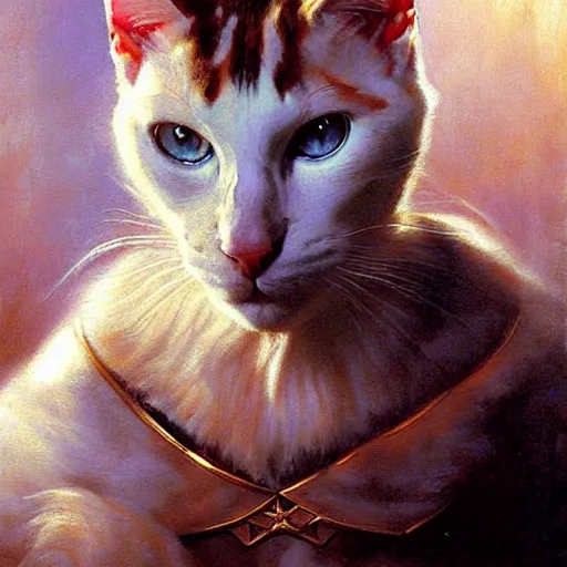 Prompt: a portrait of a manly humanoid white cat feline, blue eyes, star trek the next generation. highly detailed painting by gaston bussiere, craig mullins, j. c. leyendecker, furry