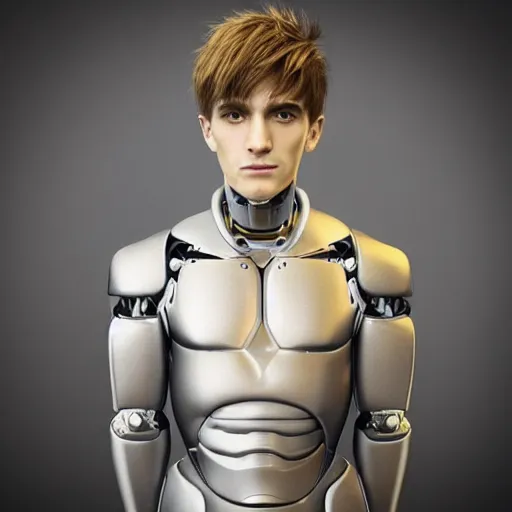 Image similar to “a realistic detailed photo of a guy who is an attractive humanoid who is half robot and half humanoid, who is a male android, twitch streamer Ninja Tyler Blevins, shiny skin, posing like a statue, blank stare”