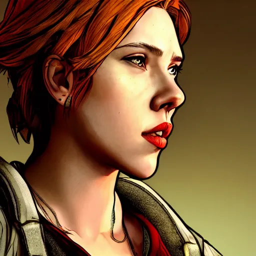 Image similar to scarlett johansson portrait, borderlands, tales from the borderlands, the wolf among us, comic, cinematic lighting, studio quality, 8 k