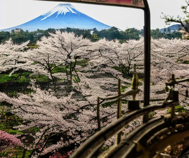 Image similar to a photo of mount fuji, japanese ladscapes, rice paddies, sakura trees, seen from a window of a train. cinematic lighting.