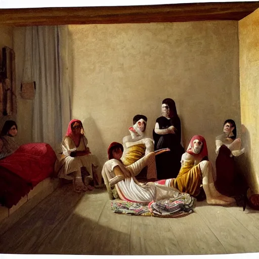 Prompt: girls in a poorly lightened dorm in ancient egypt in the style of Louis-François Aubry, French portrait painter