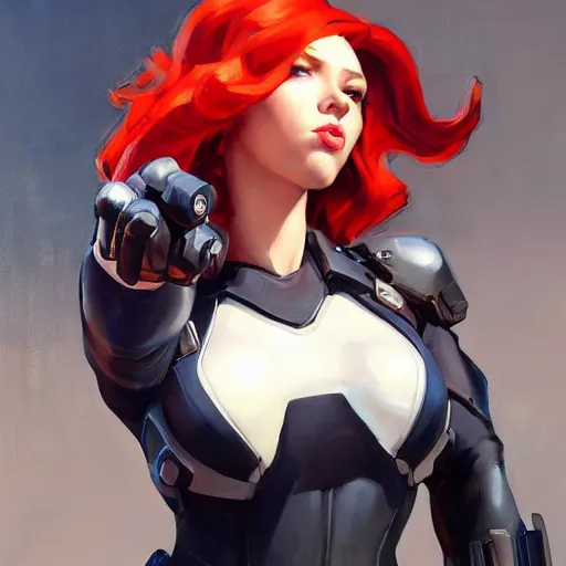 Image similar to greg manchess portrait painting of black widow as overwatch character, medium shot, asymmetrical, profile picture, organic painting, sunny day, matte painting, bold shapes, hard edges, street art, trending on artstation, by huang guangjian and gil elvgren and sachin teng