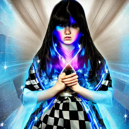 Prompt: mysterious girl child with her long black hair dressed in a chequered robe, chequered cape, carrying blue very big magical symmetrical crystal, epic scene, atmospheric, surrounded by magical light, digital art, hd, 4 k, hyper detailed