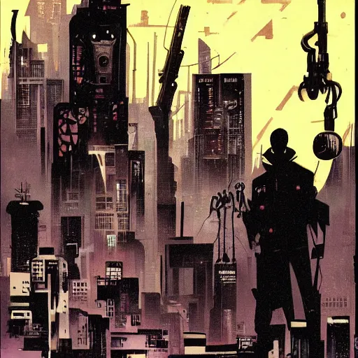 Prompt: cyberpunk city noir by dave mckean and mike mignola