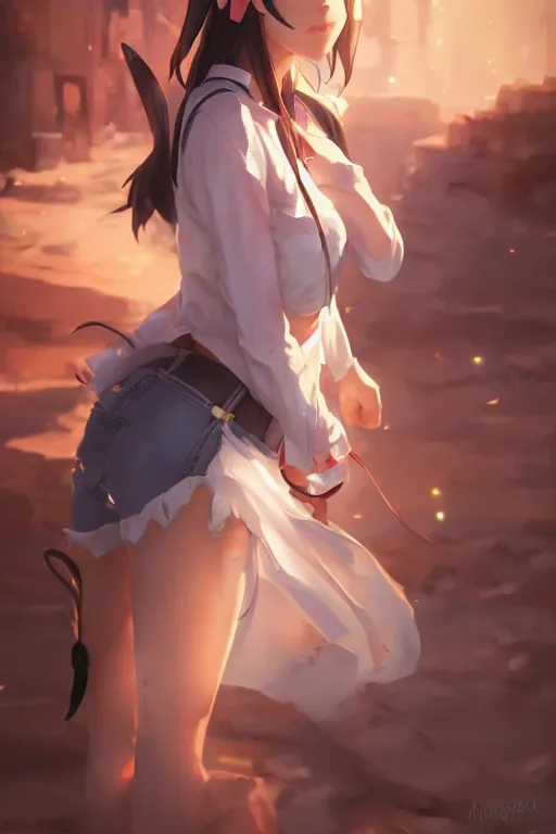 Image similar to a very cute cowgirl with cat ears, single subject, medium shot, ambient lighting, visible and detailed face, by makoto shinkai, stanley artgerm lau, wlop, rossdraws