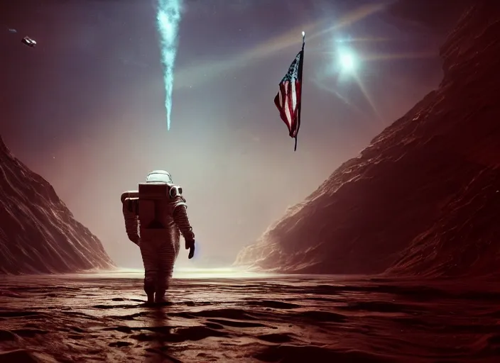 Image similar to astronaut holding a flag in an underwater desert. a submarine is visible in the distance. dark, concept art, cinematic, dramatic, atmospheric, 8 k, trending on artstation, blue, fish, low visibility, light rays, extremely coherent, fog, ocean floor, christopher nolan, interstellar