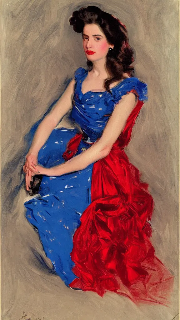 Image similar to portrait of rebekah delrio in lynch pattern dress and red ros on hair, blue and red lights painted by john singer sargent