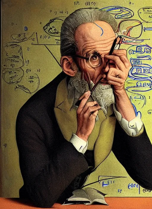 Prompt: fine portrait of a mad profesor trying to understand how the human brain works and mathematical functions