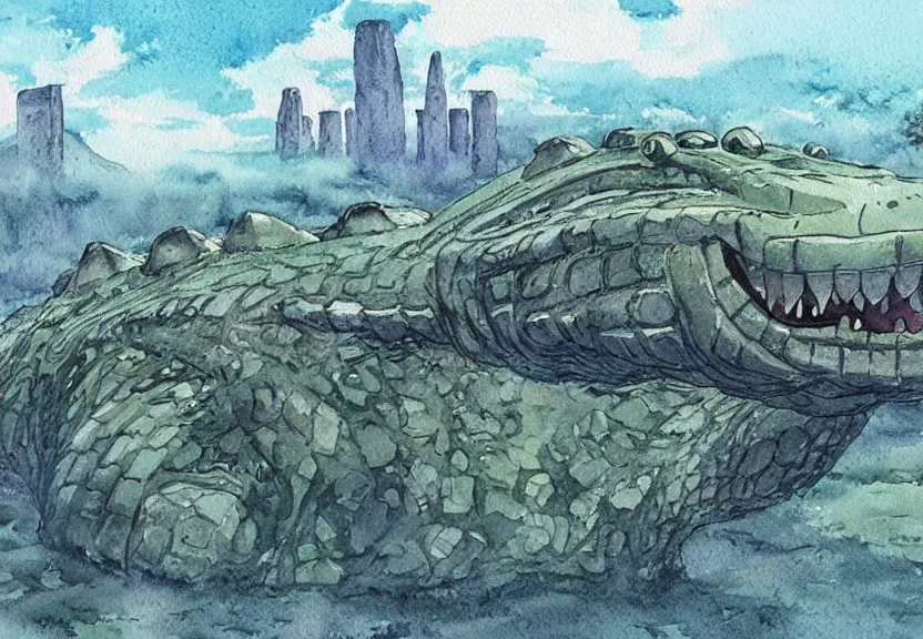 Image similar to a hyperrealist watercolor concept art from a studio ghibli film showing a giant grey mechanized crocodile from howl's moving castle ( 2 0 0 4 ). stonehenge is under construction in the background, in the rainforest on a misty and starry night. by studio ghibli