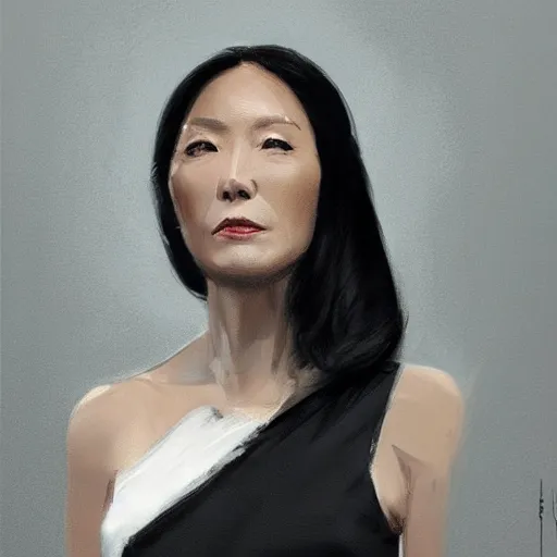 Image similar to Portrait of a woman by Greg Rutkowski, she is about 50 years old, japanese, black straight hair, attractive, elegant, airs of superiority, boss vibes, she is wearing white and black utilitarian jumpsuit, highly detailed portrait, scifi, digital painting, artstation, concept art, smooth, sharp foccus ilustration, Artstation HQ.