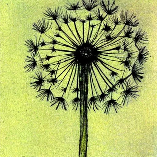 Image similar to a beautiful fairytale painting of a dandelion seed that is also a fairy. the dandelion seed is the body of the fairy. beautiful clear painting by arthur rackham