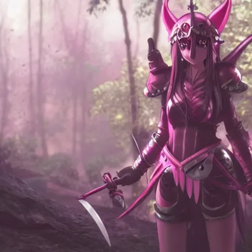 Image similar to a anime girl dressed in a pink knight armor fights a huge red dragon in the deep forest, smiling girl with a sword, highly detailed, intrusion fantasy, unreal engine