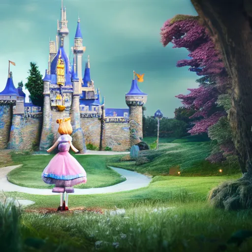 Prompt: beautiful alice full body doll figurine infront of castle, alice in wonderland theme, disney inspired, octane render, 8 k, ultra realistic, hd, cinematic lighting, fantasy landscape, artstation