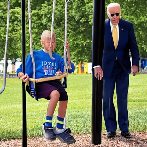 Image similar to Joe Biden rides a swing set while disappointed children watch him