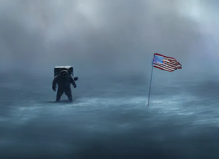 Image similar to astronaut holding a flag in an underwater desert. a submarine is visible in the distance. dark, concept art, cinematic, dramatic, atmospheric, 8 k, trending on artstation, blue, fish, low visibility, fog, ocean floor, christopher nolan, interstellar