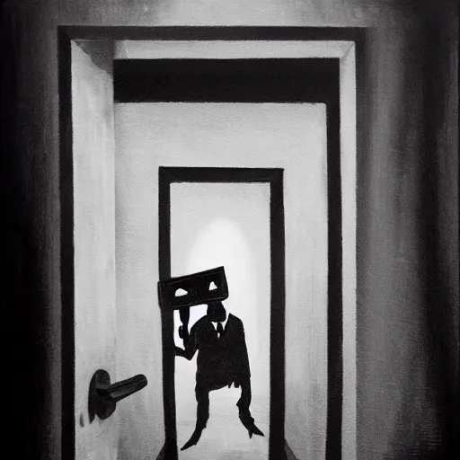 Image similar to Ted Cruz with a wide grin wielding a bloody hatchet peaking through a door in the distance at the end of a narrow corridor, black and white, creepy lighting, scary, horror, ornate, eerie, fear, oil painting