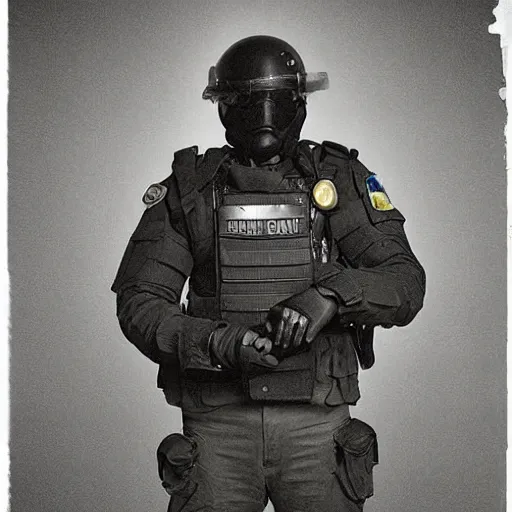 Image similar to portrait of a anti-riot policeman with head on fire , front, centered, riot background, at night ,editorial photography