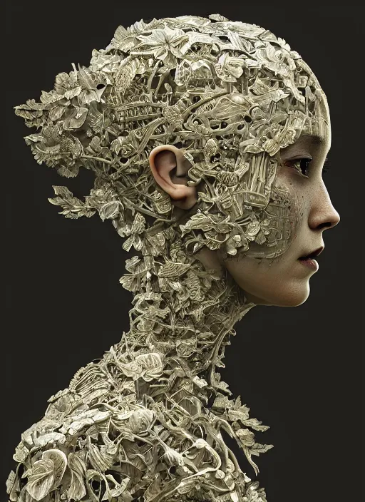 Prompt: a female android's face in profile, made of leaf skeletons, in the style of the Dutch masters and Gregory Crewdson, dark and moody intricate traditional Chinese textures, rococo decorations, hyper detail, Unreal engine,Octane render, by Karol Bak