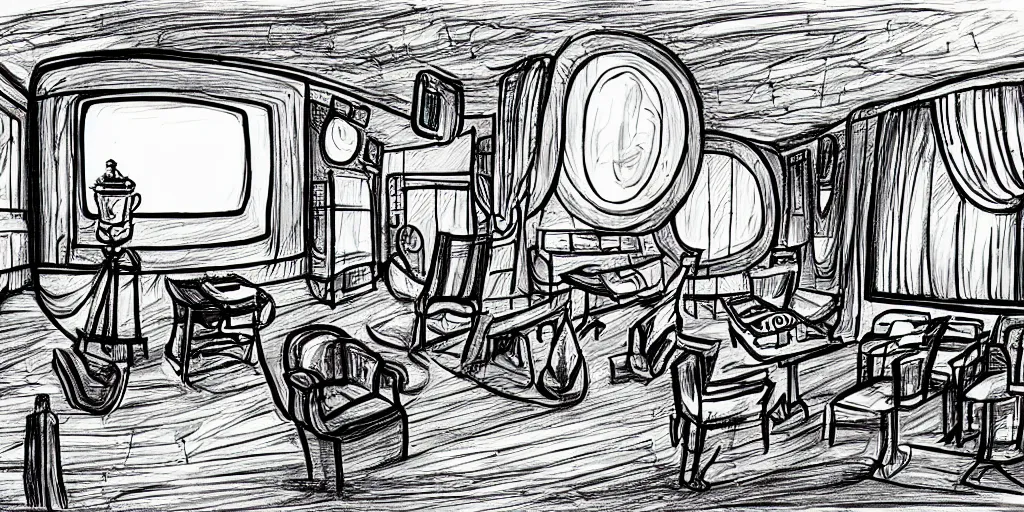 Image similar to a dimly lit, theater dressing room, with a mirror, a chair, a couch, day of the tentacle style, drawn by Peter Chan, fish eye