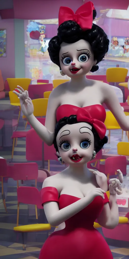 Image similar to Animatronic Betty Boop in Mc Donalds, real hair, dimly lit, photorealistic, hyper realistic 3d matte painting, unrealengine octane 3d render 4k