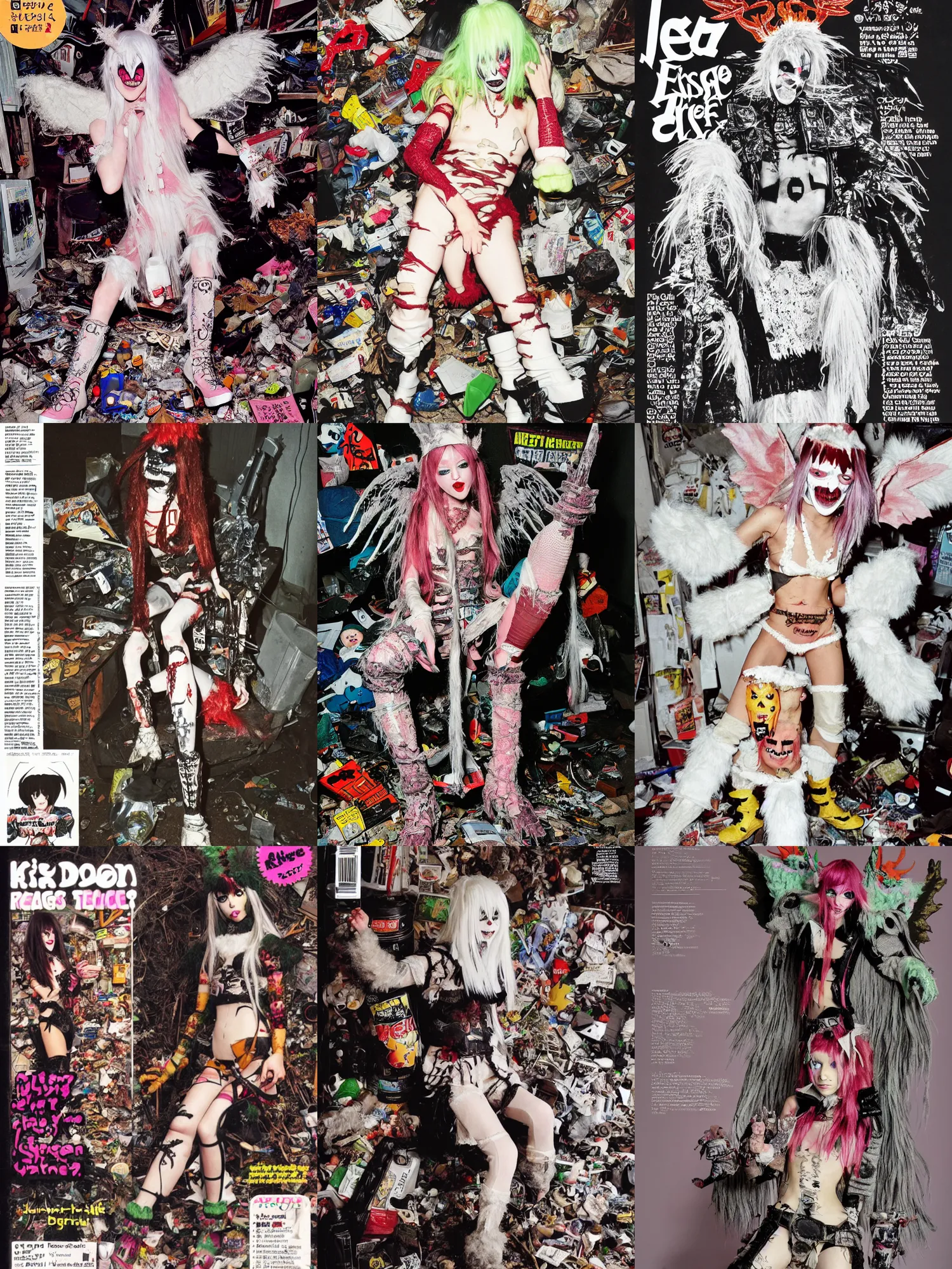 Prompt: photo of lace elf angel goblin wearing ripped up dirty Swear kiss monster teeth yeti platform boots in the style of Ryan Trecartin in the style of 1990's FRUiTS magazine 20471120 by Walter Van Beirendonck W&LT in japan in a dirty dark dark dark poorly lit bedroom full of trash and garbage server racks and cables everywhere in the style of Juergen Teller in the style of Shoichi Aoki, japanese street fashion, KEROUAC magazine, Walter Van Beirendonck W&LT 1990's, Vivienne Westwood, y2K aesthetic