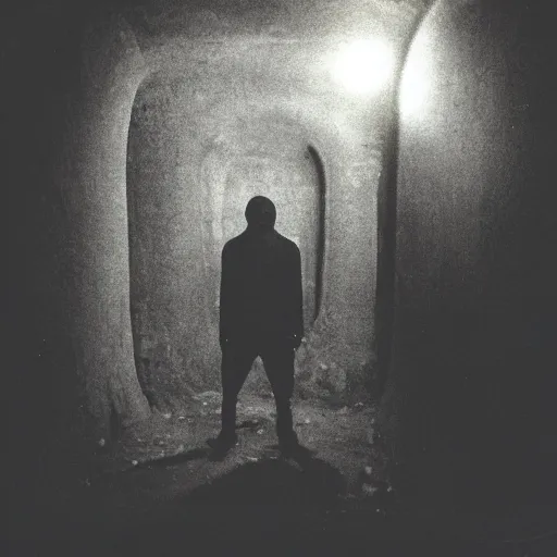 Image similar to a creepy humanoid figure standing in a tunnel, dark, brooding, creepy, backlit from sunlight, real photo taken on Polaroid camera