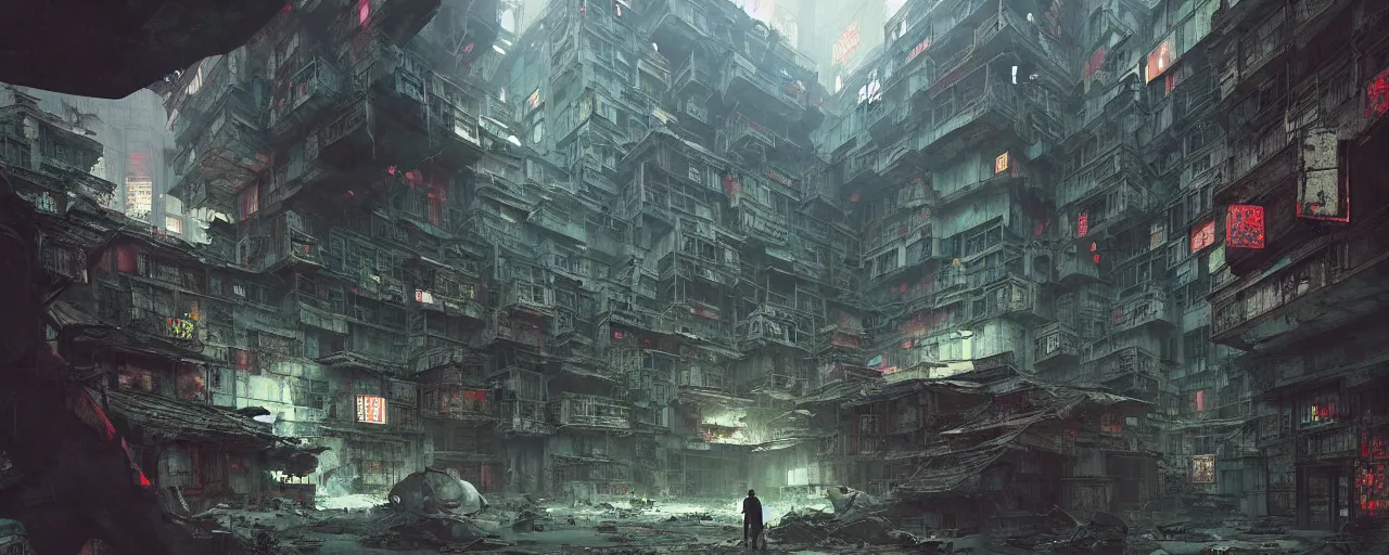 Prompt: duotone noir concept illustration inside of kowloon walled city stimulus overload, octane render, concept hideo kojima surreal atmosphere, abandoned buildings volumentric lighting. cosmic horror. accidental renaissance. by sachin teng and sergey kolesov and ruan jia and heng z. graffiti art, scifi, fantasy, hyper detailed. trending on artstation