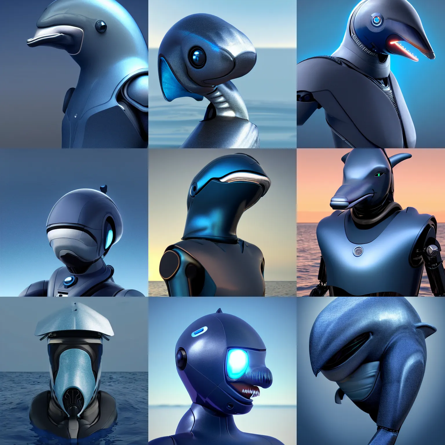 Prompt: robotic anthro dolphin, integrated synthetic cetacean hybrid android, top of face covered by dark opaque visor, short wide bulbous bottlenose snout, smooth round shapes, all dark blue metal, male, commission on furaffinity, cgsociety, octane render, sea in background