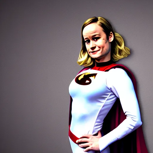 Prompt: brie larson as dc comics'' power girl ', full body with white leotard costume and cape and chest keyhole, pinup photo, 4 k