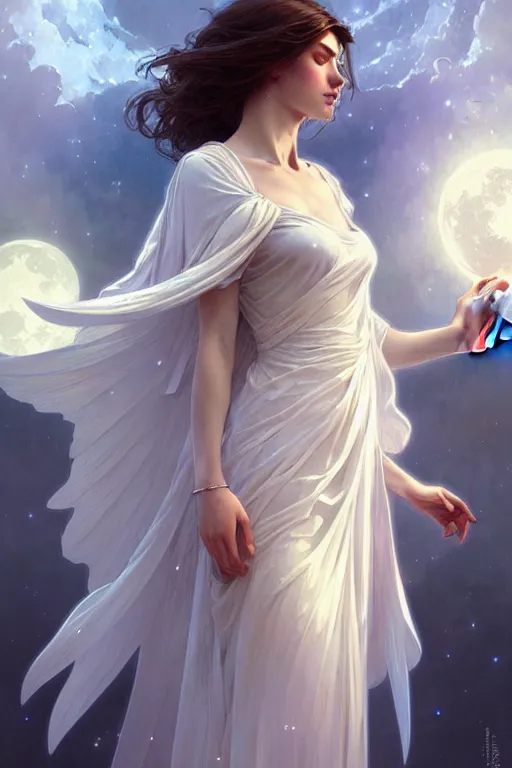 Image similar to Angels in white gauze dresses, the glow of the moonlight, fantasy, intricate, elegant, highly detailed, digital painting, artstation, concept art, matte, sharp focus, illustration, art by Artgerm and Greg Rutkowski and Alphonse Mucha