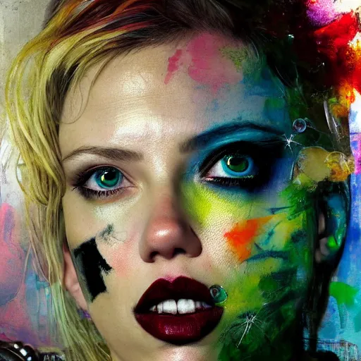 Image similar to drunken scarlett johansson as delirium from sandman, ( hallucinating colorful soap bubbles ), by jeremy mann, by sandra chevrier, by dave mckean and richard avedon and maciej kuciara, punk rock, tank girl, high detailed, green eye and blue eye, 8 k