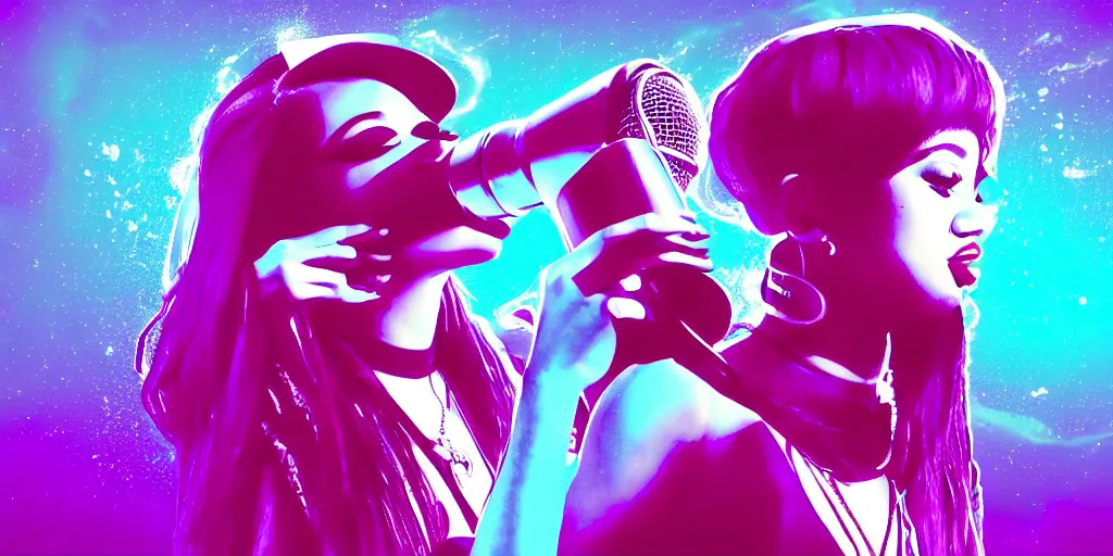 Image similar to lady rapper performs with microphone, epic pose, digital art, vapor wave, hip hop, psychedelic, surreal, trending on Artstation, professional artist, detailed, 4k