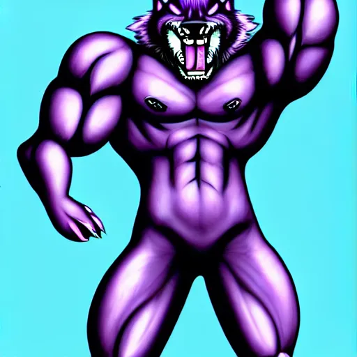 Image similar to anthropomorphic muscular purple wolf, generic furry style, wearing jeans, deviant art, professional furry drawing, insanely detailed, artistic design, hyper detailed wolf - like face, doing a pose from jojo's bizarre adventure, detailed veiny muscles, exaggerated features, beautiful shading, huge spikey teeth, grinning, detailed face