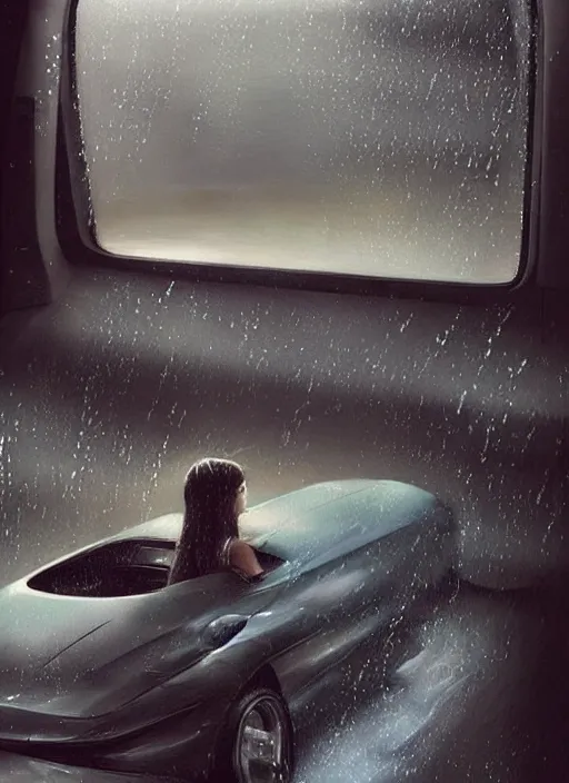 Image similar to raindrops rolling down the windows morphing from raindrops into into cars made out of water painting by artgerm and greg rutkowski and magali villanueve.