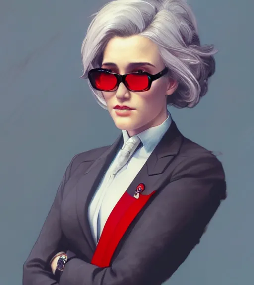 Prompt: a girl wearing a business suit, grey hair, red necktie, sunglasses, cinematic, stunning, highly detailed, digital painting, artstation, smooth, hard focus, illustration, art by artgerm and greg rutkowski and alphonse mucha